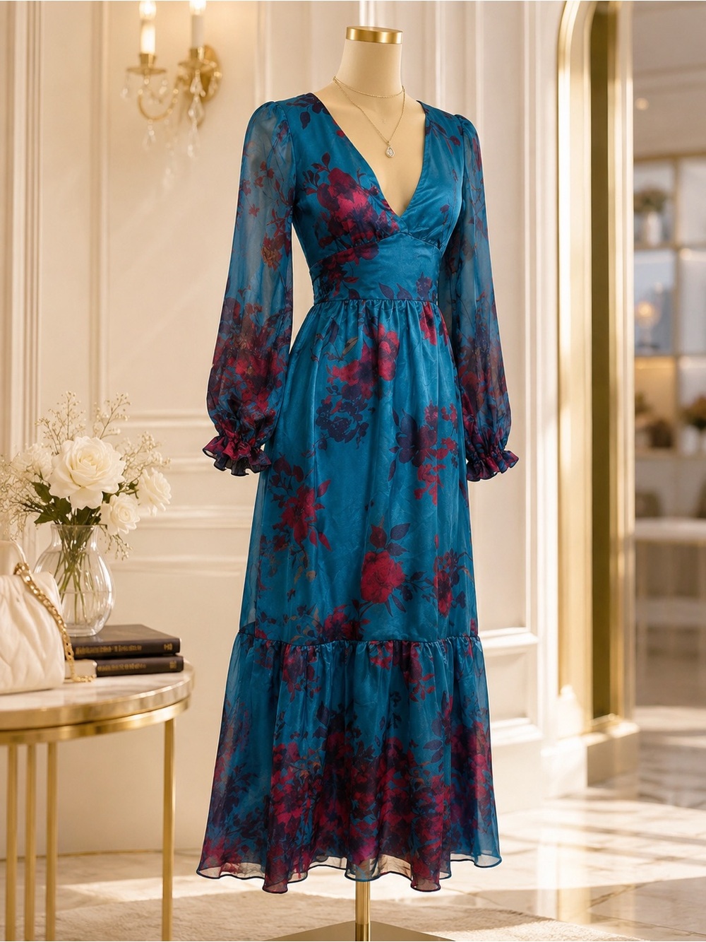 Boho Blue Floral Wrap Maxi Dress with cottagecore
